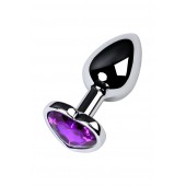 Серебристая коническая анальная пробка с фиолетовым кристаллом-сердечком - 7 см. - ToyFa - купить с доставкой в Петропавловске-Камчатском