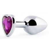 Серебристая анальная пробка с фиолетовым кристаллом-сердечком - 8 см. - Anal Jewelry Plug - купить с доставкой в Петропавловске-Камчатском