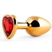 Золотистая анальная пробка с красным стразом-сердечком - 8 см. - Anal Jewelry Plug - купить с доставкой в Петропавловске-Камчатском