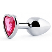Серебристая анальная пробка с розовым кристаллом-сердечком - 7 см. - Anal Jewelry Plug - купить с доставкой в Петропавловске-Камчатском