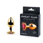 Золотистая анальная пробка с малиновым кристаллом-сердечком - 7 см. - Anal Jewelry Plug - купить с доставкой в Петропавловске-Камчатском