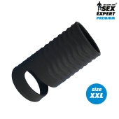 Черная открытая насадка на пенис с кольцом для мошонки XXL-size - 9,4 см. - Sex Expert - в Петропавловске-Камчатском купить с доставкой