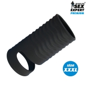 Черная открытая насадка на пенис с кольцом для мошонки XXXL-size - 9,9 см. - Sex Expert - в Петропавловске-Камчатском купить с доставкой