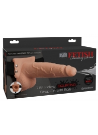 Телесный полый страпон с имитацией эякуляции 7.5  Hollow Squirting Strap-On with Balls Flesh - 21,6 см. - Pipedream - купить с доставкой в Петропавловске-Камчатском