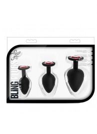 Набор черных анальных пробок с красным кристаллом-сердечком Bling Plugs Training Kit - Blush Novelties - купить с доставкой в Петропавловске-Камчатском