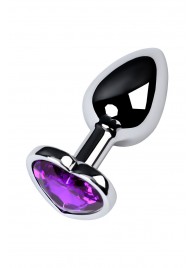 Серебристая коническая анальная пробка с фиолетовым кристаллом-сердечком - 7 см. - ToyFa - купить с доставкой в Петропавловске-Камчатском