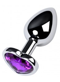 Серебристая коническая анальная пробка с фиолетовым кристаллом-сердечком - 7 см. - ToyFa - купить с доставкой в Петропавловске-Камчатском