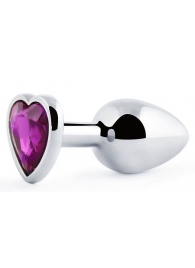 Серебристая анальная пробка с фиолетовым кристаллом-сердечком - 8 см. - Anal Jewelry Plug - купить с доставкой в Петропавловске-Камчатском