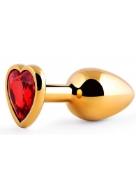 Золотистая анальная пробка с красным стразом-сердечком - 8 см. - Anal Jewelry Plug - купить с доставкой в Петропавловске-Камчатском