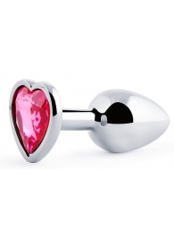Серебристая анальная пробка с розовым кристаллом-сердечком - 7 см. - Anal Jewelry Plug - купить с доставкой в Петропавловске-Камчатском