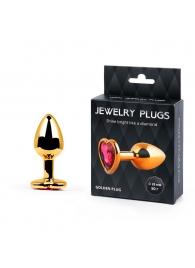 Золотистая анальная пробка с малиновым кристаллом-сердечком - 7 см. - Anal Jewelry Plug - купить с доставкой в Петропавловске-Камчатском