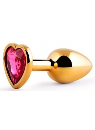 Золотистая анальная пробка с малиновым кристаллом-сердечком - 7 см. - Anal Jewelry Plug - купить с доставкой в Петропавловске-Камчатском