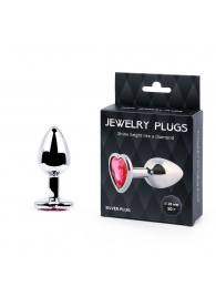 Серебристая анальная пробка с малиновым кристаллом-сердечком - 7 см. - Anal Jewelry Plug - купить с доставкой в Петропавловске-Камчатском