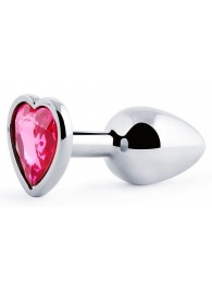 Серебристая анальная пробка с малиновым кристаллом-сердечком - 7 см. - Anal Jewelry Plug - купить с доставкой в Петропавловске-Камчатском