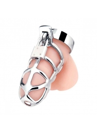 Серебристая металлическая клетка для члена с замком Enslave Cock Cage - BlueLine - купить с доставкой в Петропавловске-Камчатском