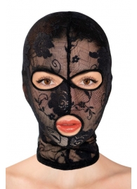 Черная кружевная маска на голову с отверстиями для глаз и рта - Fetish Tentation - купить с доставкой в Петропавловске-Камчатском
