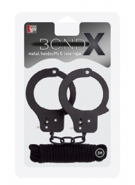 Чёрные наручники из листового металла в комплекте с веревкой BONDX METAL CUFFS LOVE ROPE SET - Dream Toys - купить с доставкой в Петропавловске-Камчатском