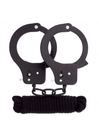 Чёрные наручники из листового металла в комплекте с веревкой BONDX METAL CUFFS LOVE ROPE SET - Dream Toys - купить с доставкой в Петропавловске-Камчатском