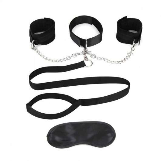 Чёрный ошейник с наручниками и поводком Collar Cuffs   Leash Set - Lux Fetish - купить с доставкой в Петропавловске-Камчатском