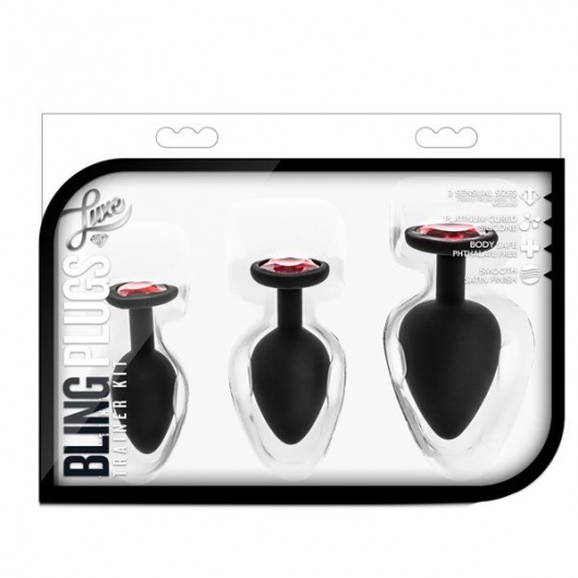 Набор черных анальных пробок с красным кристаллом-сердечком Bling Plugs Training Kit - Blush Novelties - купить с доставкой в Петропавловске-Камчатском