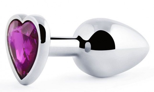 Серебристая анальная пробка с фиолетовым кристаллом-сердечком - 8 см. - Anal Jewelry Plug - купить с доставкой в Петропавловске-Камчатском