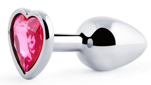 Серебристая анальная пробка с розовым кристаллом-сердечком - 7 см. - Anal Jewelry Plug - купить с доставкой в Петропавловске-Камчатском