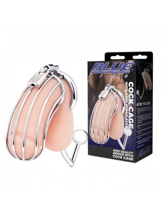 Серебристая металлическая клетка с анальным стимулятором Cock Cage - BlueLine - купить с доставкой в Петропавловске-Камчатском