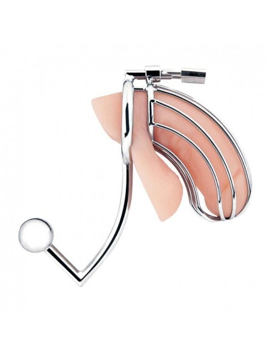 Серебристая металлическая клетка с анальным стимулятором Cock Cage - BlueLine - купить с доставкой в Петропавловске-Камчатском