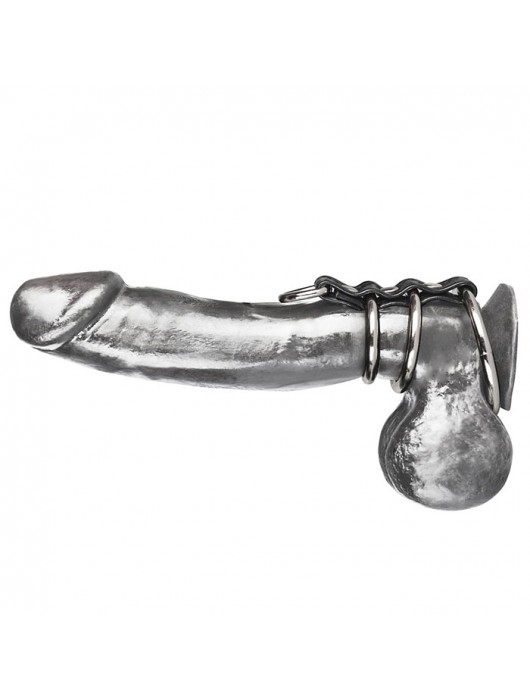 Хомут на пенис из трех металлических колец и кольца для привязи 3 RING GATES OF HELL - BlueLine - купить с доставкой в Петропавловске-Камчатском