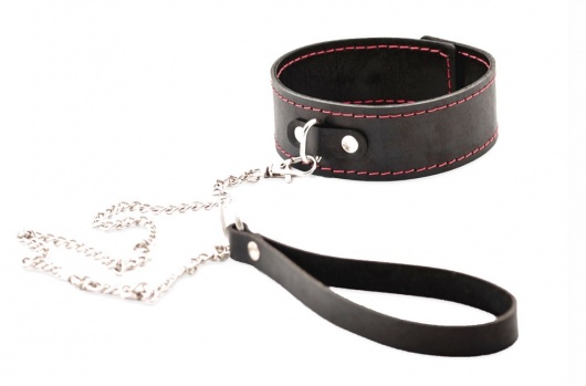 Черный широкий ошейник с красной строчкой и поводком - Crazy Handmade - купить с доставкой в Петропавловске-Камчатском