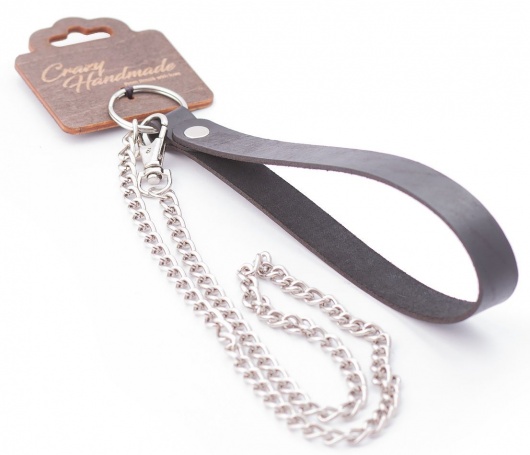 Серебристый металлический поводок с кожаной черной ручкой - 80 см. - Crazy Handmade - купить с доставкой в Петропавловске-Камчатском