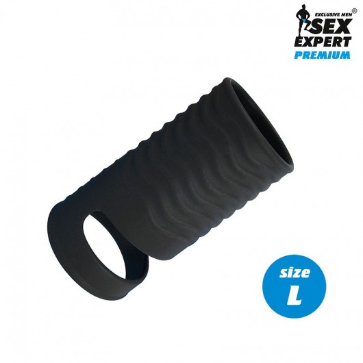 Черная открытая насадка на пенис с кольцом для мошонки L-size - 8,5 см. - Sex Expert - в Петропавловске-Камчатском купить с доставкой