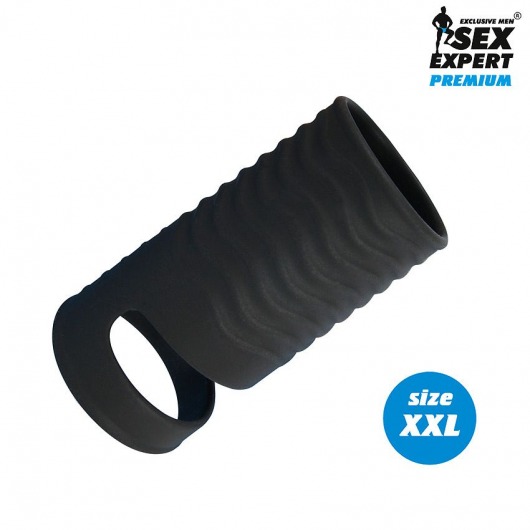 Черная открытая насадка на пенис с кольцом для мошонки XXL-size - 9,4 см. - Sex Expert - в Петропавловске-Камчатском купить с доставкой