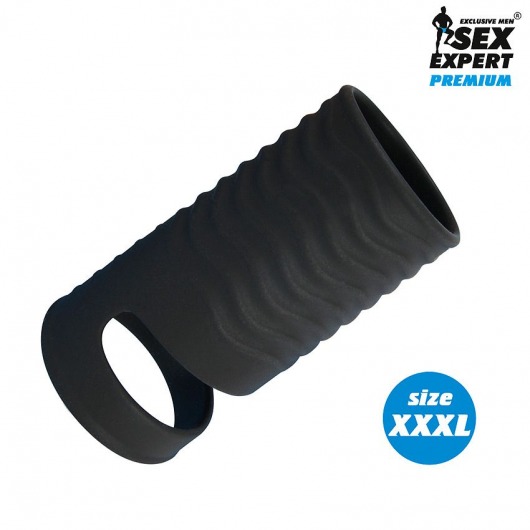 Черная открытая насадка на пенис с кольцом для мошонки XXXL-size - 9,9 см. - Sex Expert - в Петропавловске-Камчатском купить с доставкой