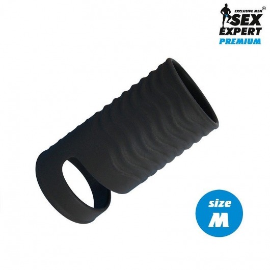 Черная открытая насадка на пенис с кольцом для мошонки size M - 7,9 см. - Sex Expert - в Петропавловске-Камчатском купить с доставкой