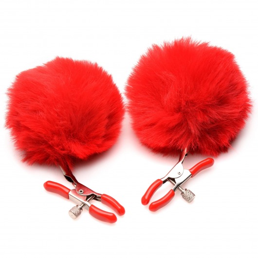 Красные зажимы на соски с помпонами Pom Pom - XR Brands - купить с доставкой в Петропавловске-Камчатском