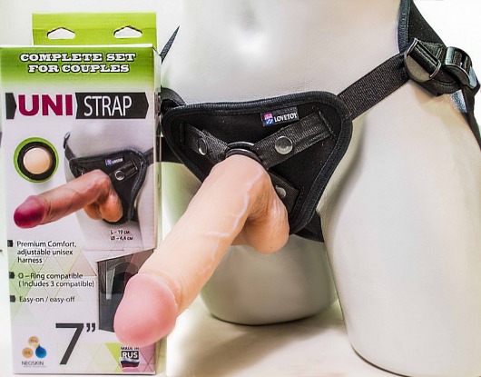Страпон-унисекс с двумя насадками UNI strap 7  Harness - 19 и 16 см. - LOVETOY (А-Полимер) - купить с доставкой в Петропавловске-Камчатском