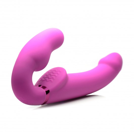 Розовый безремневой страпон с вибрацией и функцией расширения Inflatable Ergo-Fit Strapless Strap-On - XR Brands - купить с доставкой в Петропавловске-Камчатском