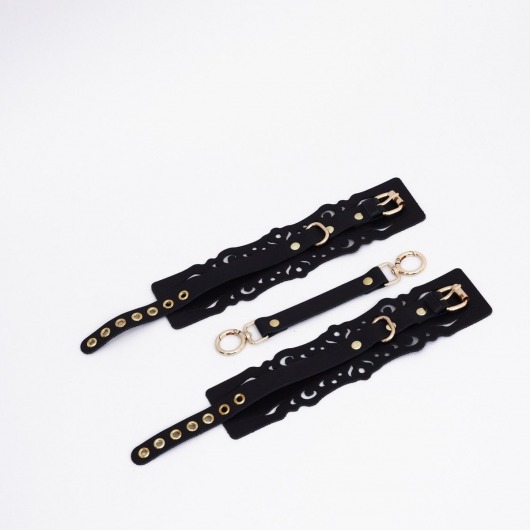 Черный кожаные оковы с узорами и золотистой фурнитурой - Crazy Handmade - купить с доставкой в Петропавловске-Камчатском