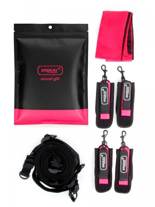 Черно-розовый эротический набор: фиксатор, оковы, наручники, повязка - Erokay - купить с доставкой в Петропавловске-Камчатском