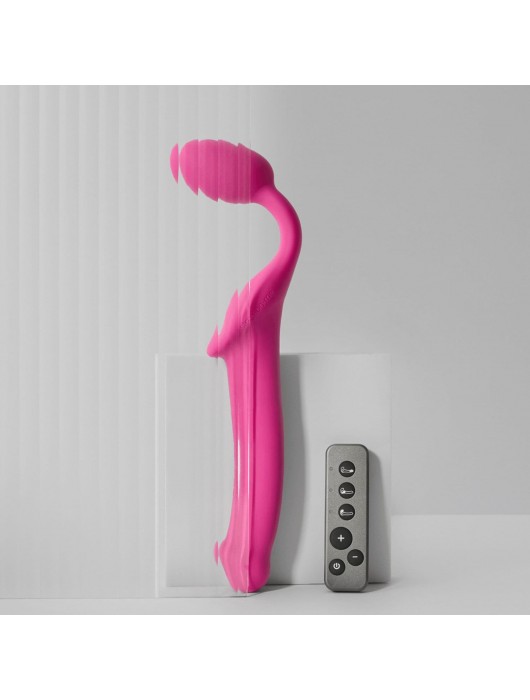 Ярко-розовый безремневой страпон Strap-on-me Vibrating Bendable Strap-On size M - Strap-on-me - купить с доставкой в Петропавловске-Камчатском