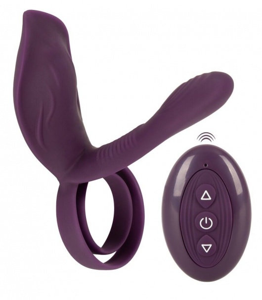 Фиолетовая насадка на член с клиторальным отростком и пультом ДУ RC Couple’s Vibrator 2 - Orion - в Петропавловске-Камчатском купить с доставкой