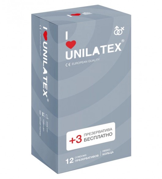 Презервативы с рёбрами Unilatex Ribbed - 12 шт. + 3 шт. в подарок - Unilatex - купить с доставкой в Петропавловске-Камчатском