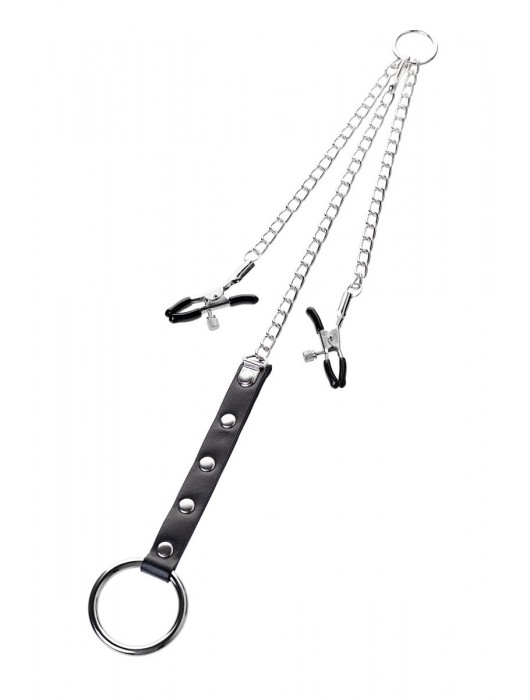 Серебристо-чёрные зажимы для сосков с кольцом для пениса TOYFA Metal - ToyFa - купить с доставкой в Петропавловске-Камчатском